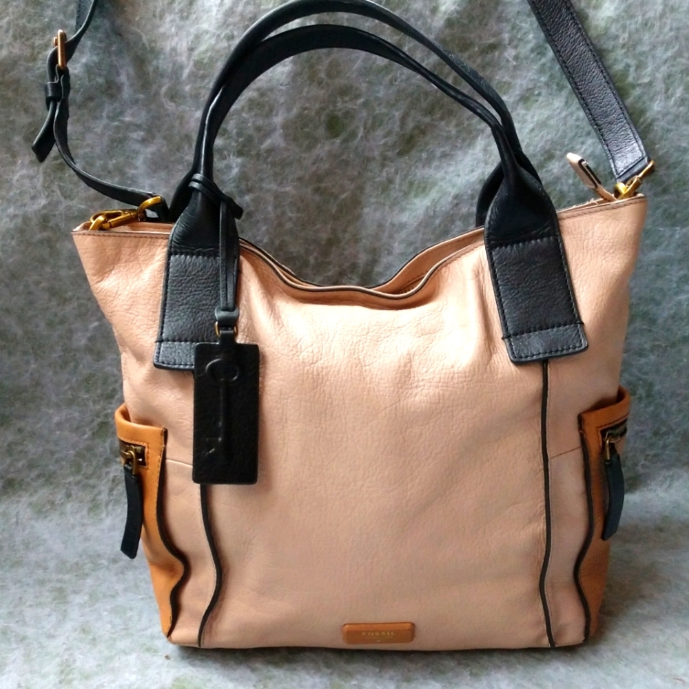 Fossil Emerson Satchel Color Block Multi Pocket Leather Bag